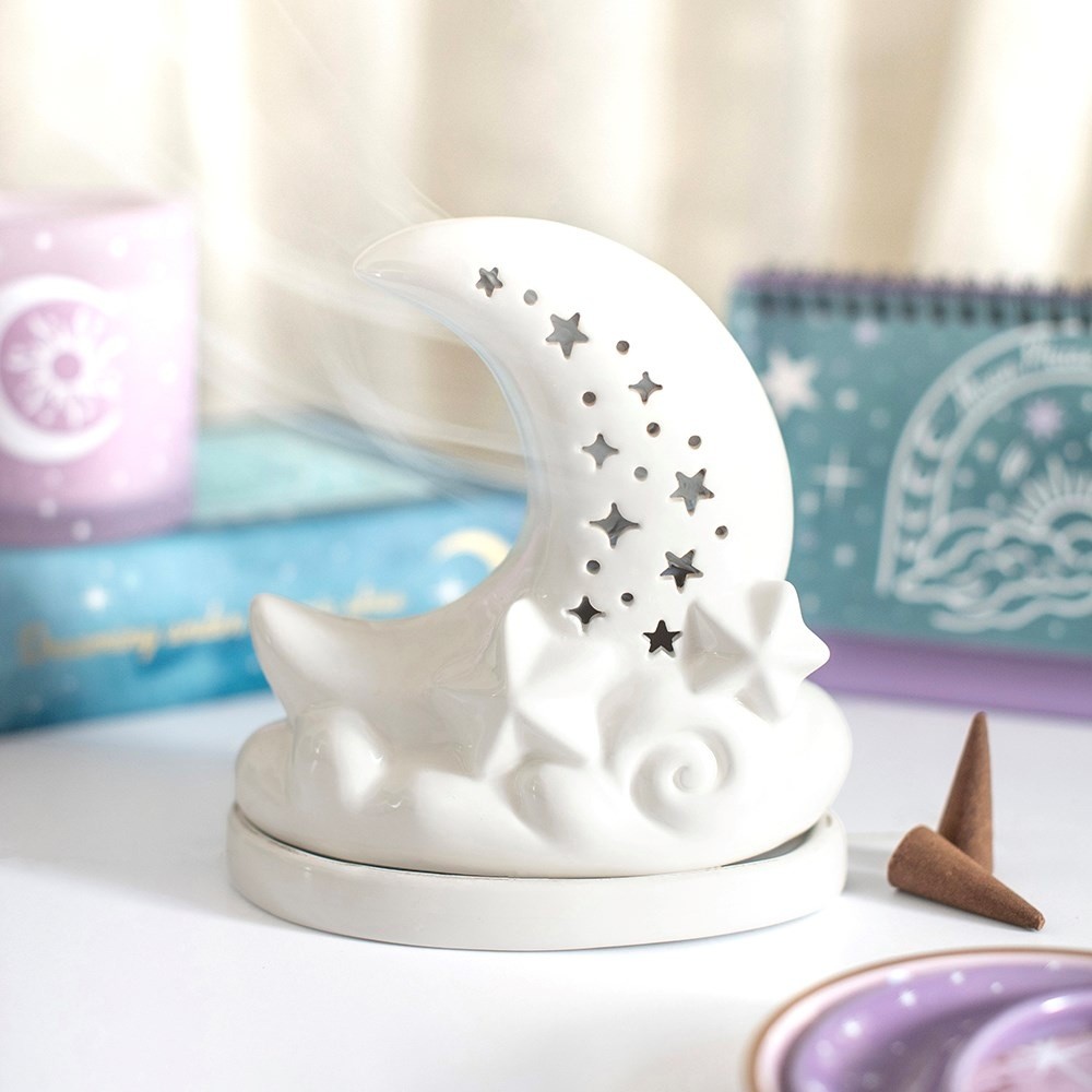 Something Different - White Pastel Skies Moon Incense Cone Holder Weihrauchhalter - Weiß